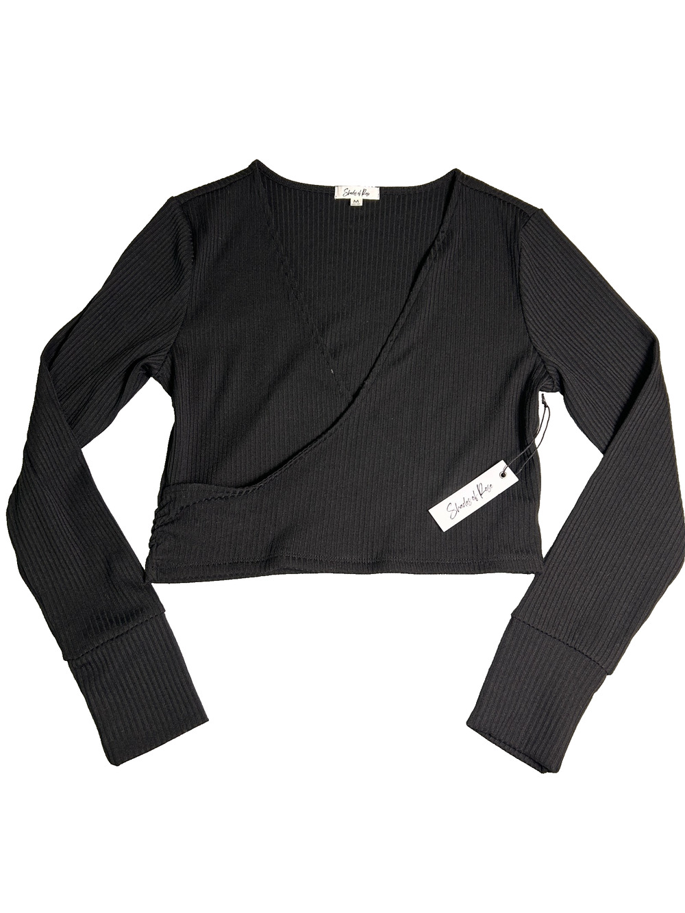 NWT Shades of Rose Crop Top Womens Medium Black Ribbed Wrap Elevated Basic